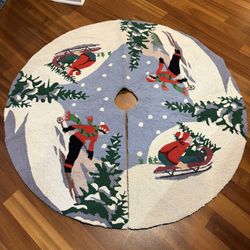  50” Wool Christmas Tree Skirt Ski Scene Hand Hooked Rug Winter Vintage Style