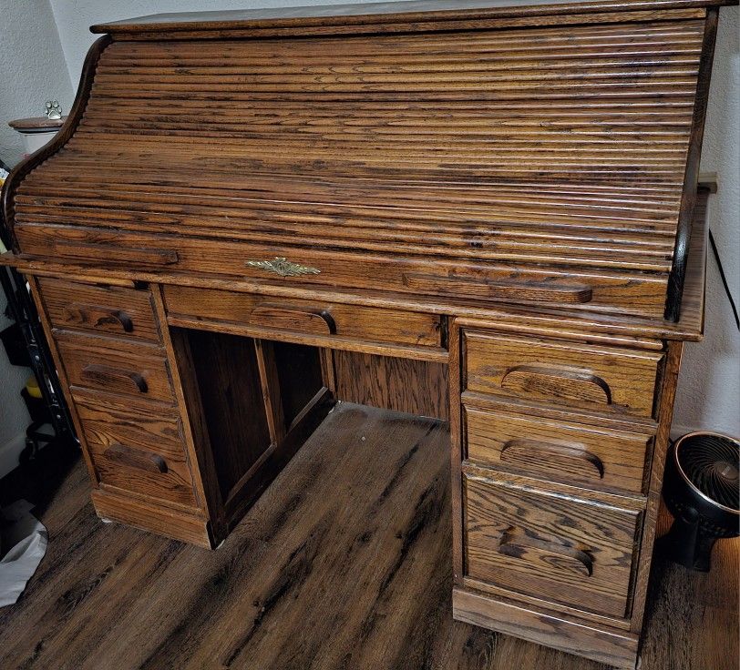 Solid Oak Roll Top Desk & Chair