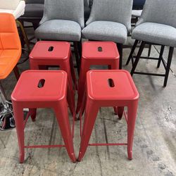 Set of 4,24 Inch Red Metal Loft Bar Stools