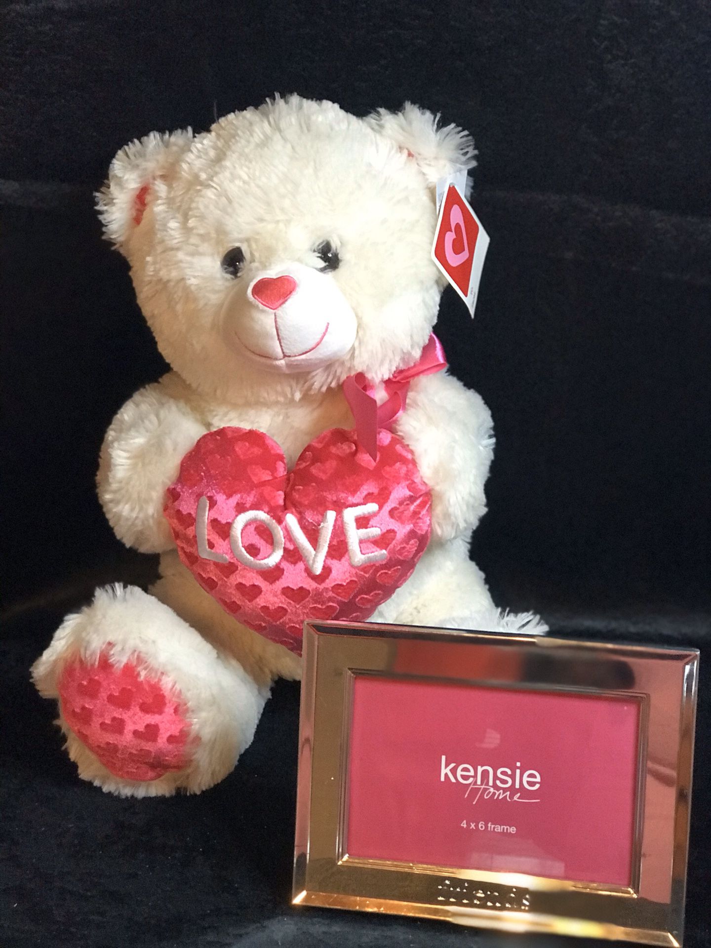 Love Hearts Plush bear pink white & Gift With purchase Kensie photo frame!