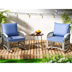 Metal Outdoor Rocking Chair with Blue Cushions $150