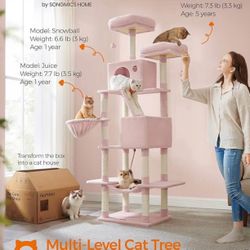 Cat Tree, 81.1-Inch Large Cat Tower with 13 Scratching Posts, 2 Perches, 2 Caves, Basket, Hammock, Pompoms, Multi-Level Plush Cat Condo fo