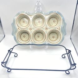 VTG Temptations Old World Pattern Cupcake Muffin or Small or Bite Size Treats Stoneware w/Iron Rack 