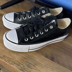 Brand New Black Leather Platform Converse Size 7.5 In Women