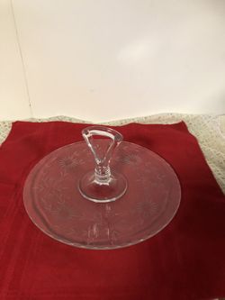 11” GLASS HANDLED SERVING DESSERT PASTRY PLATE ETCHED FLORAL DESGN