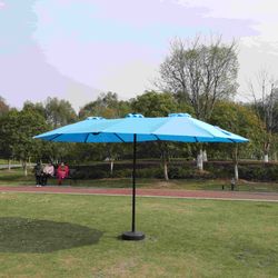 15x9ft Large Double-Sided Rectangular Outdoor Twin Patio Market Umbrella with light and base- blue