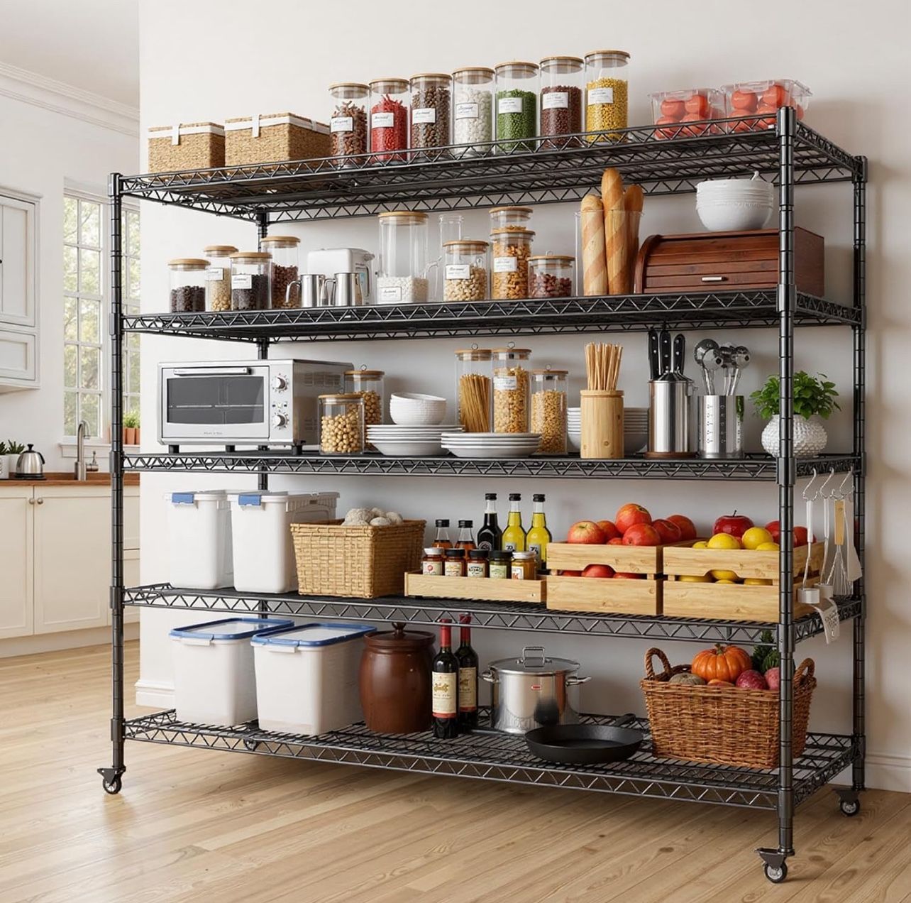 60” W Storage Shelves Heavy Duty | 5 Tier Wire Shelving | 3500 LBS Metal Shelving | Garage Shelving Units and Storage | Rolling Wire Rack with Wheels