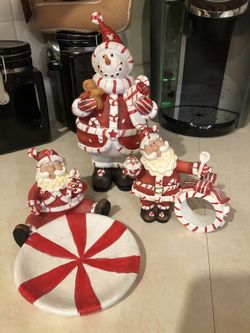 Red & White snowman and Santa’s all for $8 Snowman 9”h Santa with plate 4”. Cheese ball holder or jar candle Santa 5” Florissant porch pickup