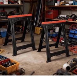 New In Box Folding Heavy Duty Saw Horses 2 Pack, Weather Resistant Plastic