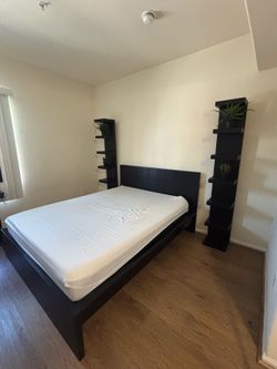 IKEA Quuen bed frame/ mattress and 2 shelf unit
