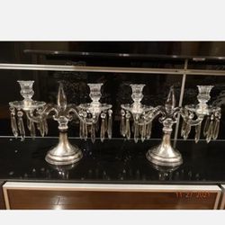 Pair of Antique HAWKES Sterling Silver Crystal Prism Candelabra Candle Holders