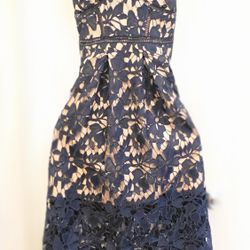 Pleated Navy Blue Lace Pattern A-line Cami Dress 