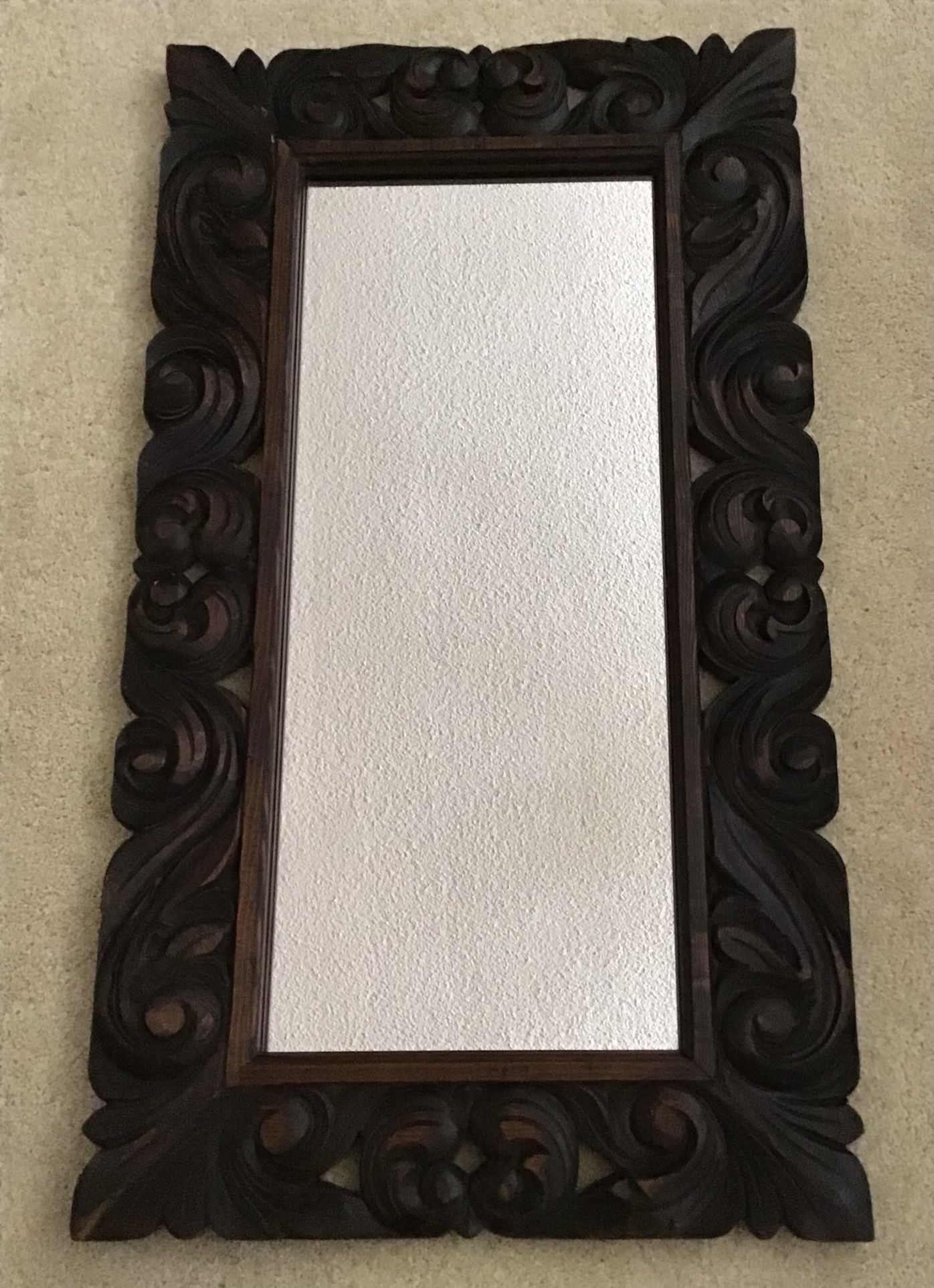 HAND CARVED WOOD FRAMED MIRROR