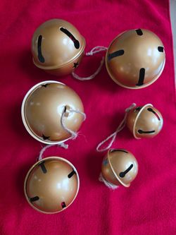 Vtg Gold Jingle Bell Ornaments Set of 6 Star Cutout Metal Christmas Decor Jute