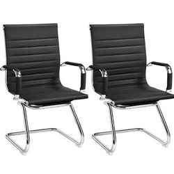 Assembled New 2 x Faux Leather Office Reception Chair Without Wheels Mid Back Ergonomic Guest Chairs