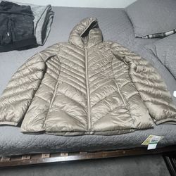 Brand New Puffer Jacket In Taupe Michael Kors Women’s Chevron Packable  Jacket Size L 