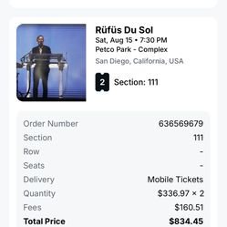 Rufus Du Sol Tickets X 2 Section 111