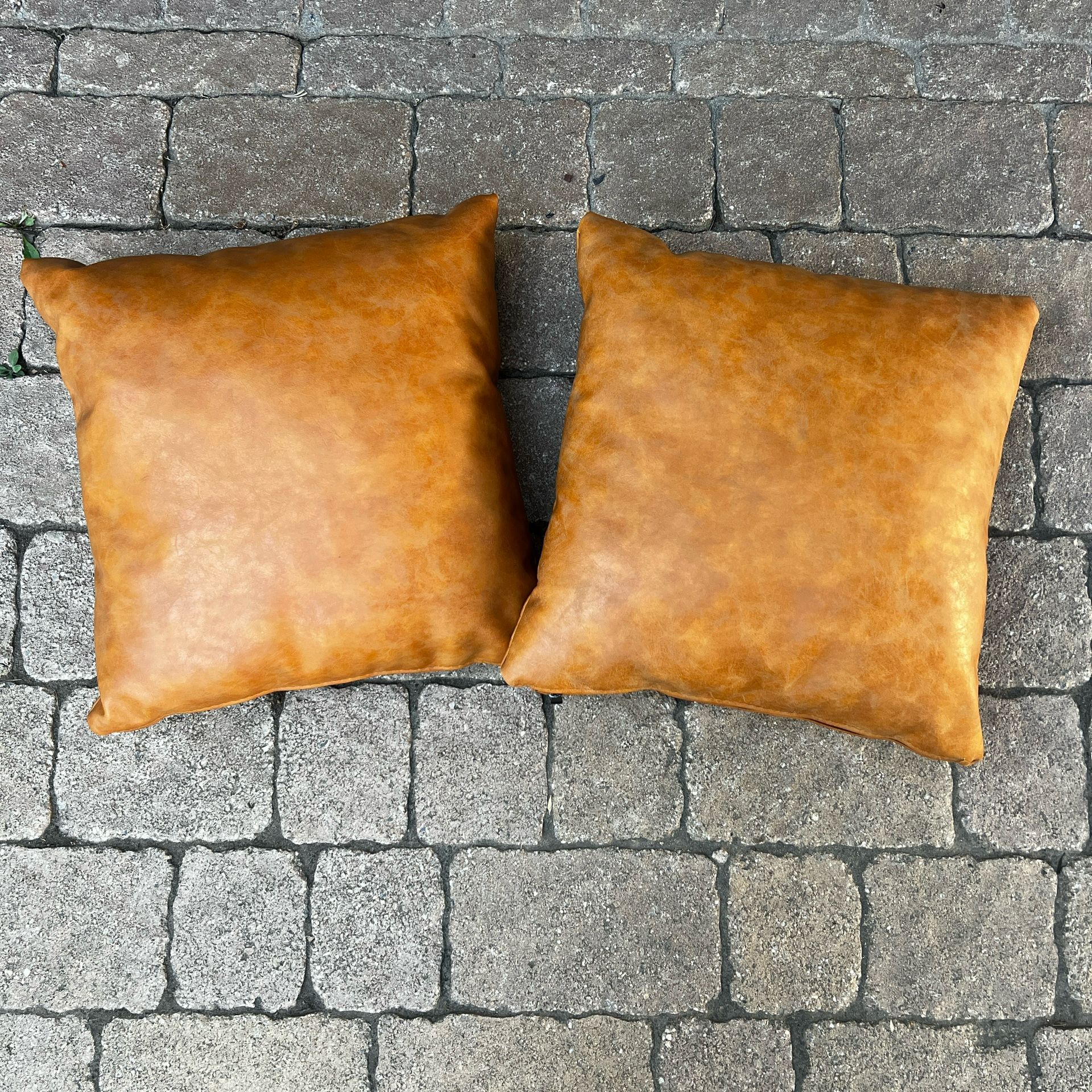 Pair Of Comfy Warm Brown Pleather Accent Pillows