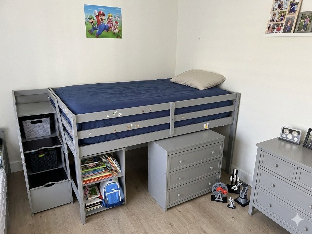 Premium Gray full Loft Bed with Stairs, Dresser, & Bookcase – Max Space Saving | USED
