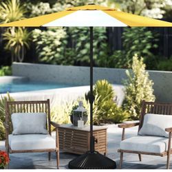Stunning 9' Patio Umbrella with 8 Sturdy Ribs, Push Button Tilt and Crank. Yellow and Cream Stripe.