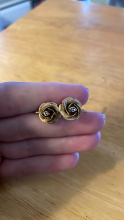 Vintage Gold Gold Filled Rose Flower  Earrings with Diamond Center