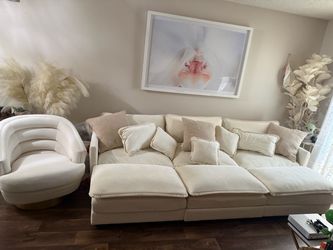 Cream chenille couch and swivel chair (BED BATH & BEYOND)