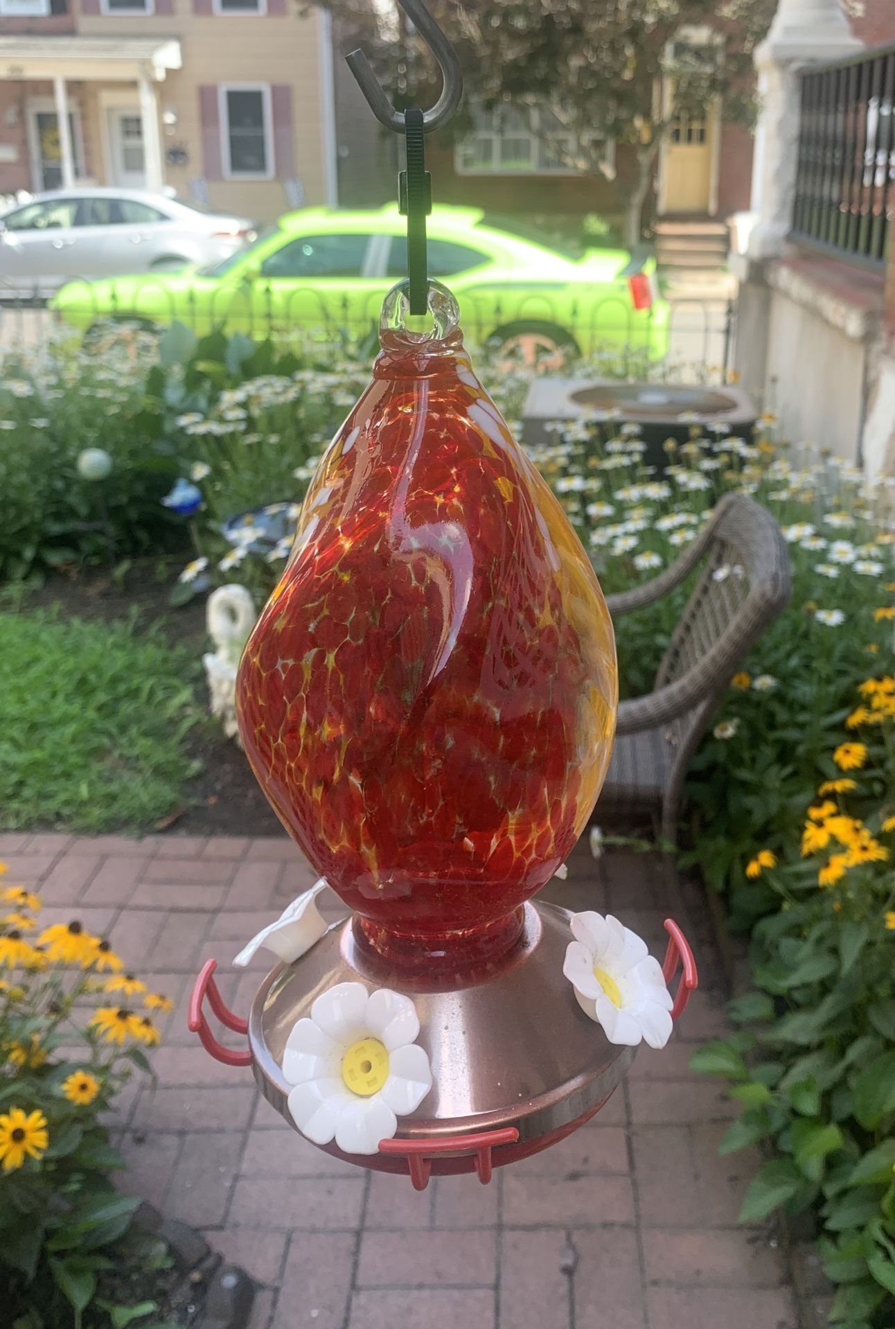 Hummingbird feeder blown glass 9 1/2 tall 4 1/2 round