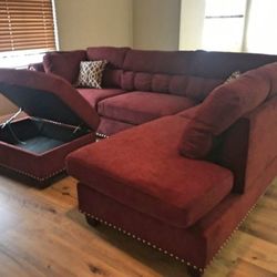 Brand New Red Paprika Velvet Like Sectional Sofa Couch +Storage Ottoman (New In Box) 