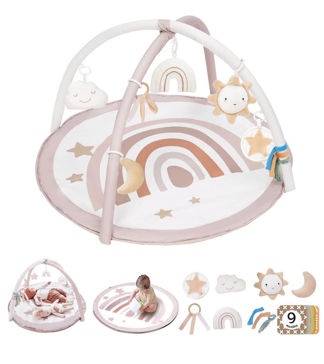Baby Play Gym Mat, Tummy Time Activity Mat with 7 Detachable Toys