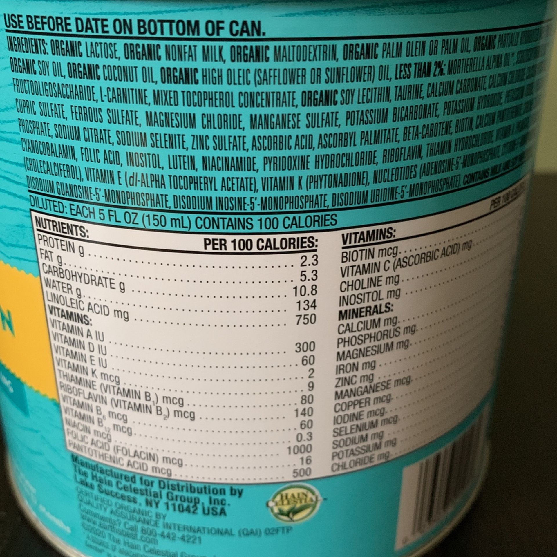 Nutrition Facts Organic Baby Formula Earth's Best Earth's