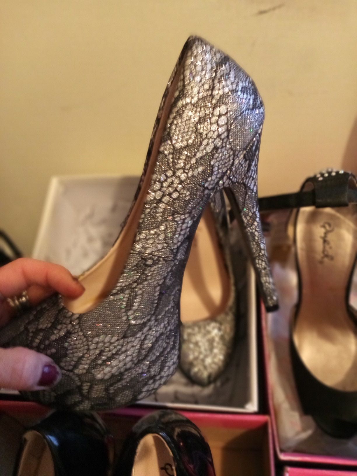 Snakeskin silver and black high heels-solid black high heels