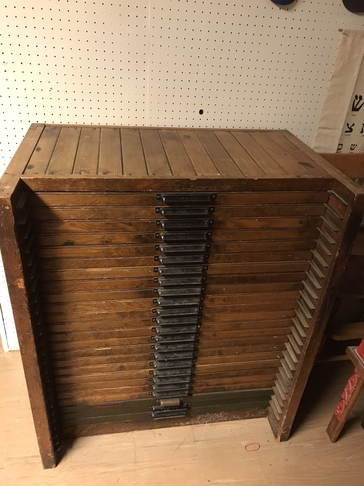 Wood-type Printer Press Cabinet with Wood And Tin-type In Drawers