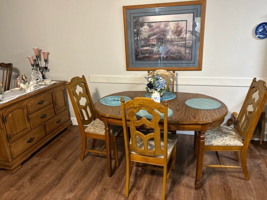 Oak Dining Table, Leaf, 6 Chairs