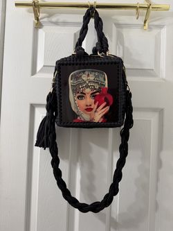 Black Crocheted Handbag with Woman Pomegranate Graphic