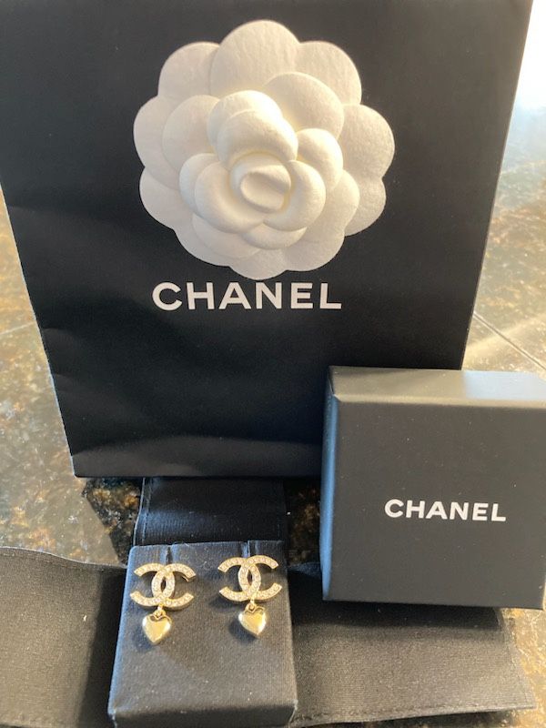 Authentic Chanel CC Crystal Earrings with Attached Heart