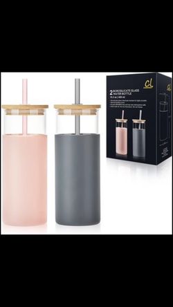 CREATIVELAND 15 oz Glass Tumblers Water Bottle with Bamboo Lids