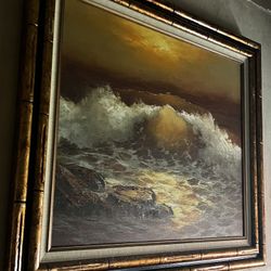 Vintage | J. Walker Sunset Seascape Signed Oil Painting | Wood Frame