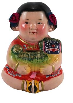 中国土人形伝統工芸品貯金箱 男女ペア品