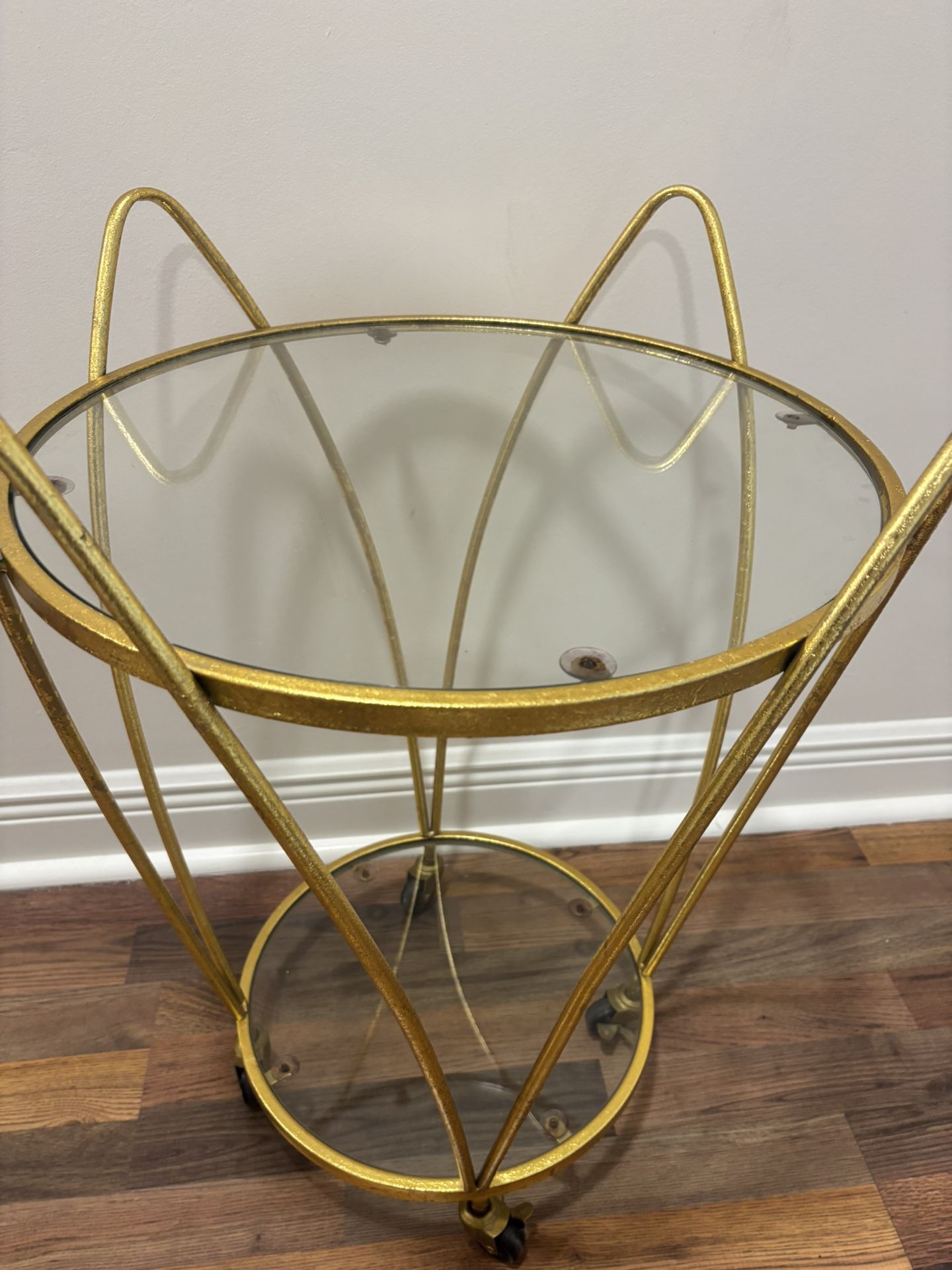 Hollywood Regency Vintage Gold Metal & Glass Tulip Bar Cart