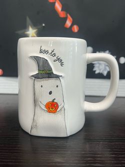 RAE DUNN HALLOWEEN WHITE CERAMIC MUG “BOO TO YOU” GHOST WITH WITCHES HAT & A PUMPKIN