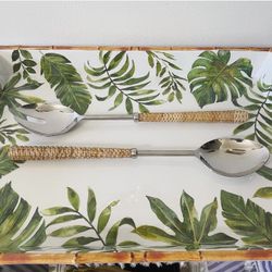 NEW Woven Rattan and Stainless Steel Salad Servers – Pair