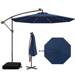 New 10FT Offset Patio Umbrella with Base Included Outdoor Cantilever Umbrella w/ Solar LED Light
