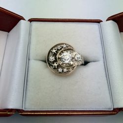 Victorian Crescent And Star Natural Diamond Two Tone 14K Gold Ring Size 7.5 