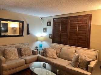 Beige living room set with 2 corner glass tables OBO