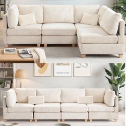 Beige 4-Person Convertible Modular Corduroy Upholstered Sectional Sofa