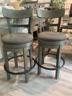 Set of 2 Gray Upholstered Swivel Barstools – Nailhead Trim