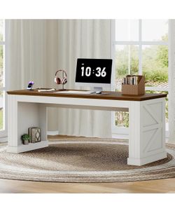 63-Inch Farmhouse Executive Desk, Long Computer Desk with Built-in Charging Station & Bottom Storage, Home Office Writing Study Desk for Bedroom, Livi