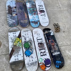 8 Used Skateboard Decks (size 8 = 5 Other 3 Size 8.5 +) And Two Pairs Of Wheels/1 Set Of Bearings 