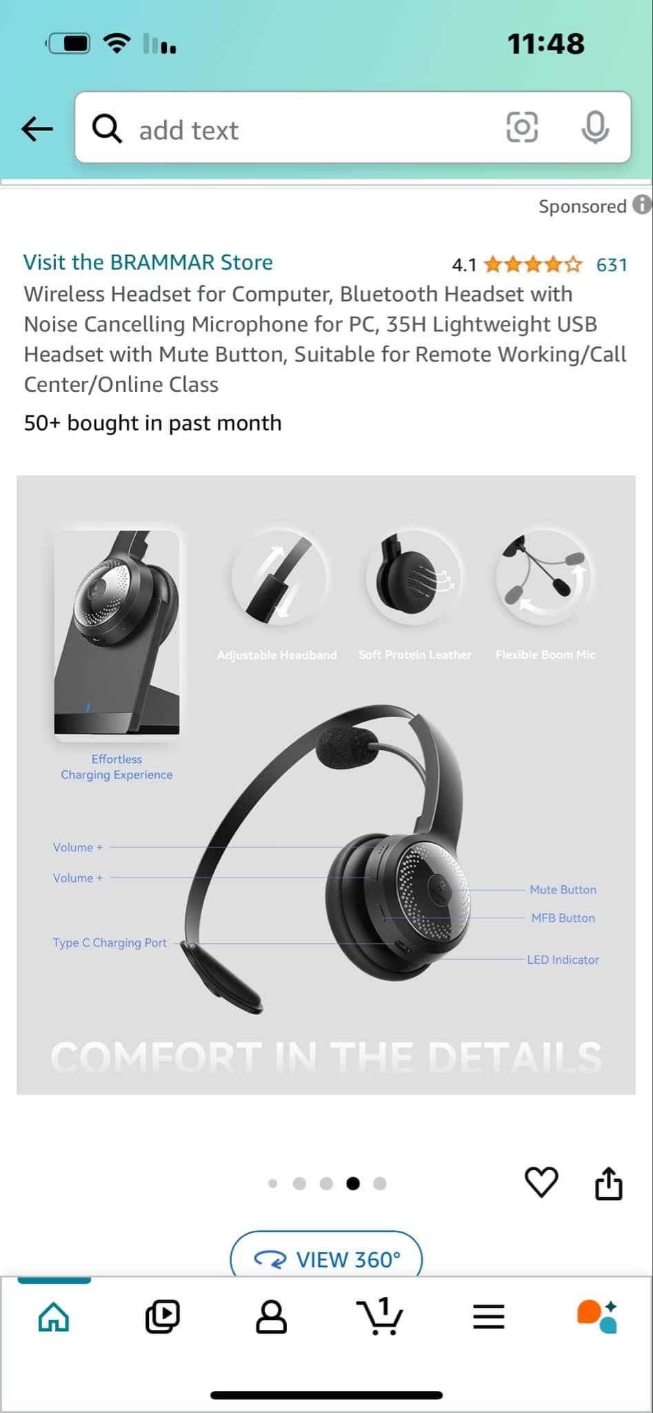 Wireless Headset for Computer, Bluetooth Headset with Noise Cancelling Microphone for PC, 35H Lightweight USB Headset with Mute Button, Suitable for R