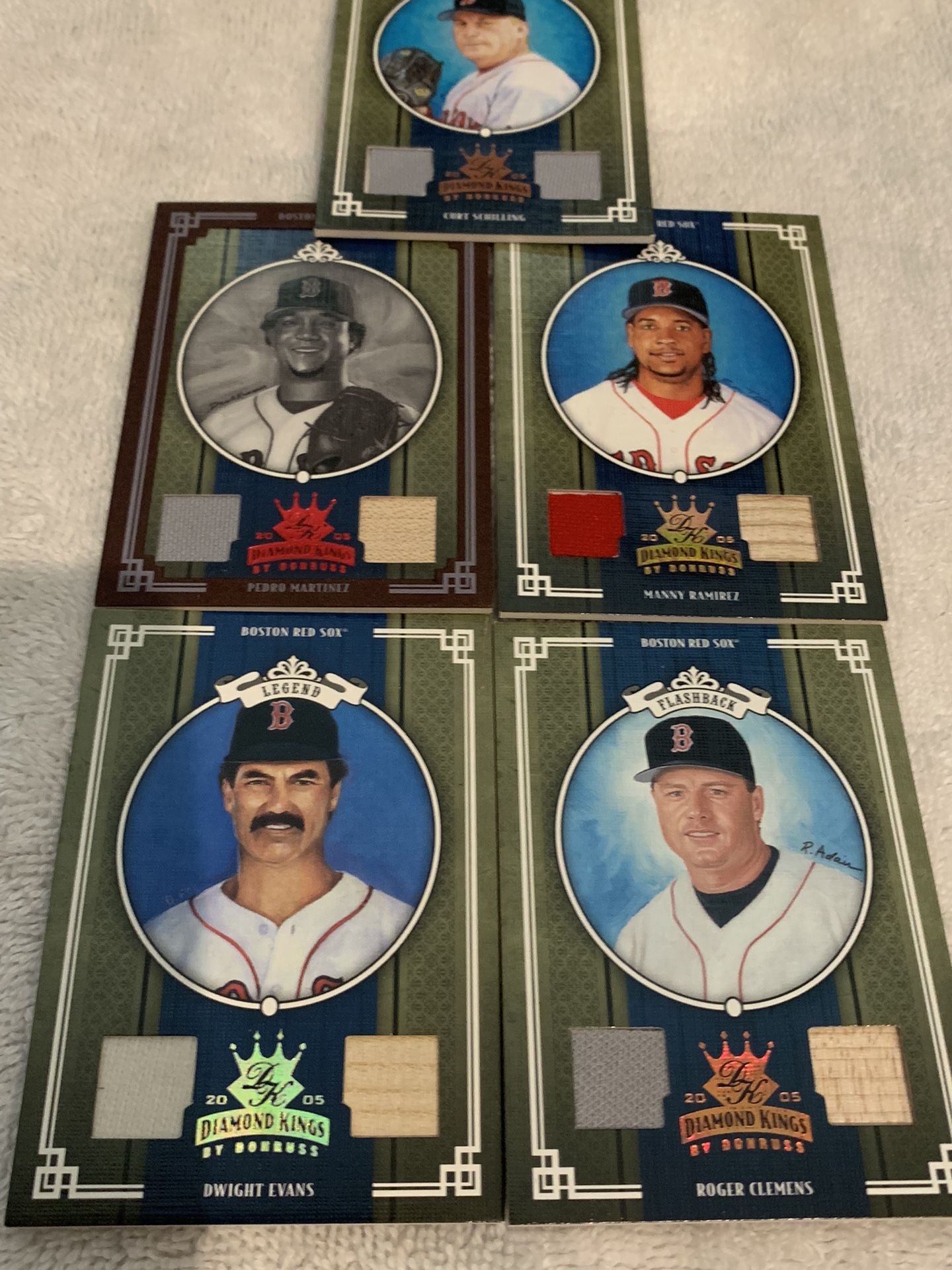 5 DUAL JERSEY BAT CARDS NUMBERED DIAMOND KINGS PEDRO, MANNY, CLEMENS, EVANS, SCHILLING BOSTON RED SOX